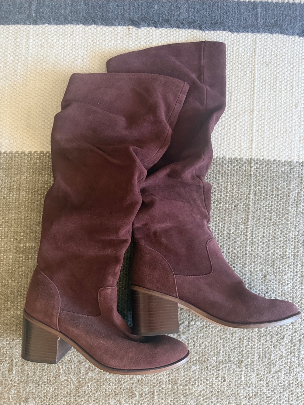 Kelsi Dagger Burgundy Suede Mid-Calf Block Heel Boots